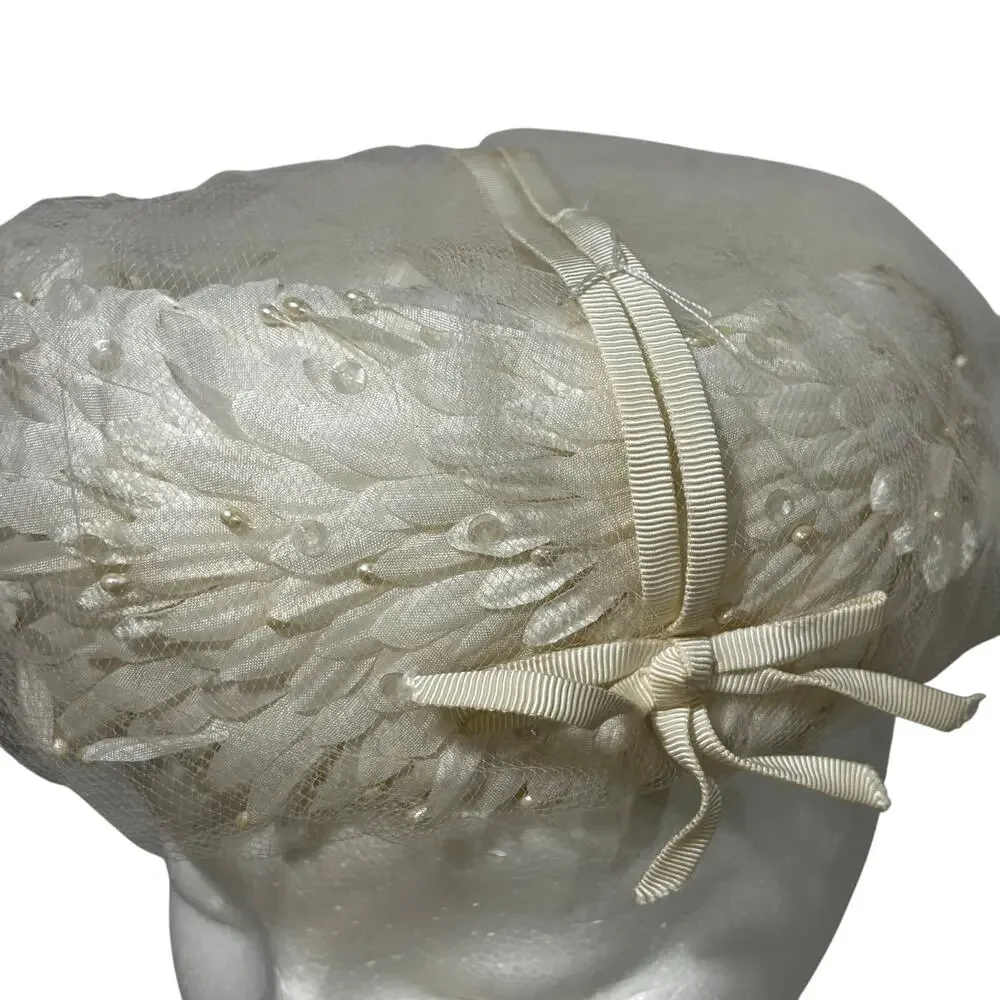 Vintage Mid Century White pillbox hat by Dana Marte bridal silk floral & beads